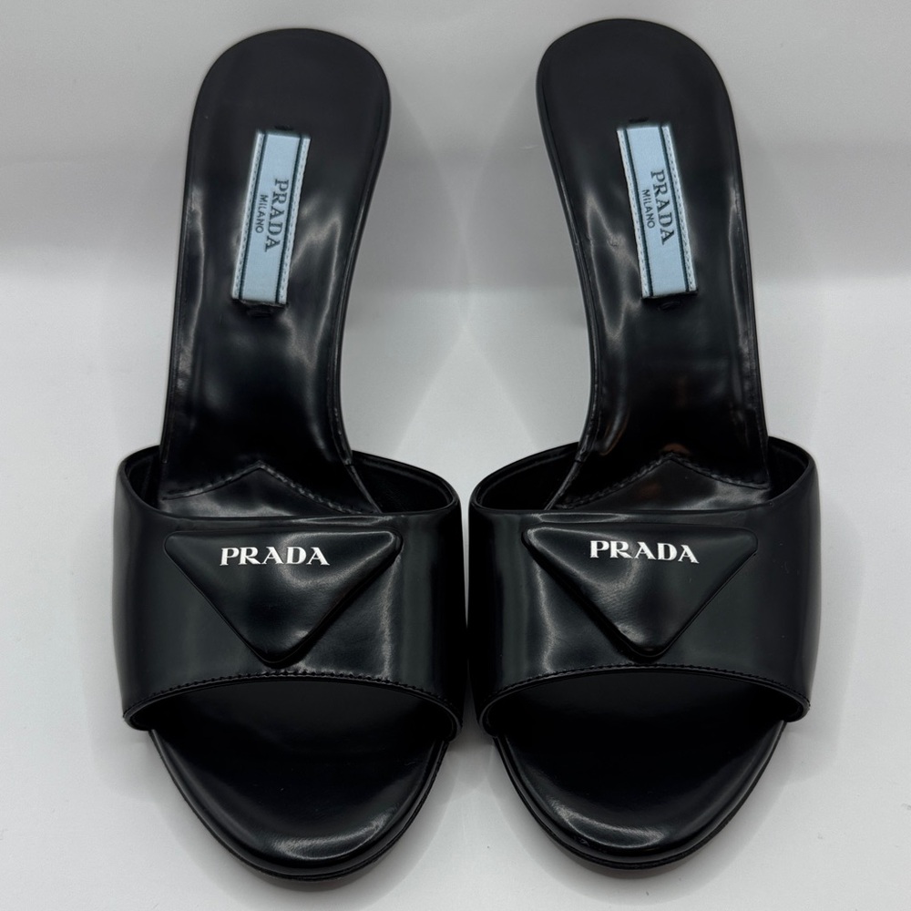 NWT Prada Black Women Slide heel Italian Leather Mule Calzature Donna Spazzolato